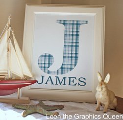 Blue and White Plaid Initial Monogram with Name Paper Art Print