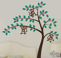 Cute Girl Monkeys in a Large Flower Tree Vinyl Wall Decal