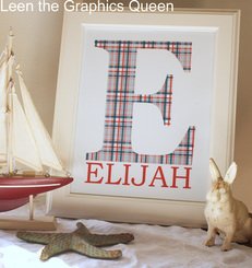 Red Blue White Plaid Initial and Name Paper Art Print