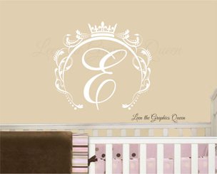 Princess Crown Swirl Frame Monogram Wall Decal