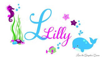 Under Water Wall Decal with Childs Name Sea Animals Monogram Wall Decal Pinks Purples