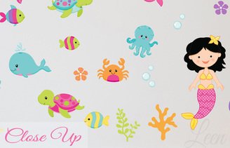 Mermaids Sea Animals Wall Decal Reusable Whale Dolphin Crab Marine Scene Wall Decals Pinks Purples Aqua