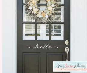 hello door decal, black door, white script lettering, beachy wreath