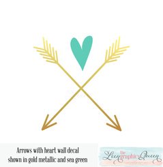 Arrow Design, Heart Crossed Arrows, gold mint nursery decor, gold mint color combo, Trendy Wall Decal