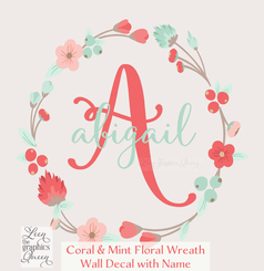 Coral Mint Wall Decal • Monogram and Name with Floral Wreath