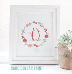 Coral Mint Flower Initial and Name Wreath Wall Art Paper Print 