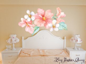 Pink Peach Coral Watercolor Floral Wall Decals  Wall Decals - Nursery Wall Decor - Bedroom Decoration - Peel & Stick