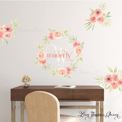 Peach Coral Rose Wreath Wall Decal with Monogram
